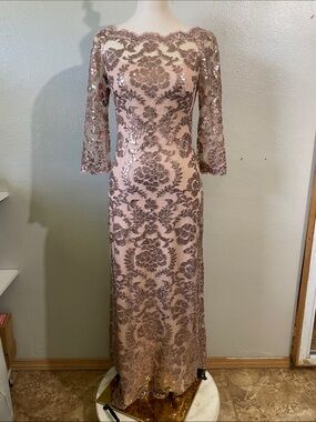 Rose Gold Sequin Maxi Lace Evening Mother Of The Bride Gala Sz 4 Tadashi Shoji
